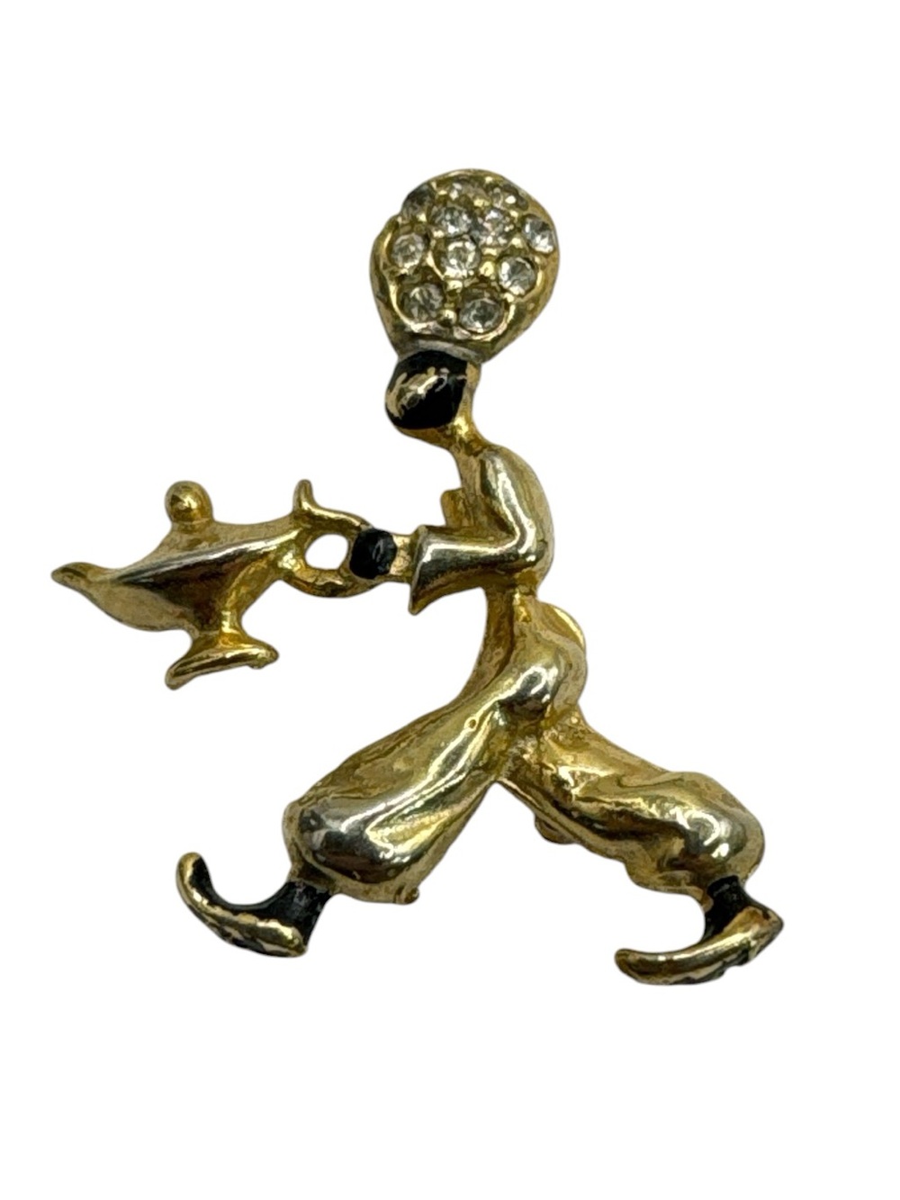 Vintage 1950s Gold Tone Enamel Rhinestone Figural Genie Blackamoor Brooch 1.25”